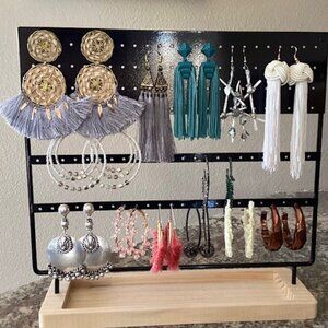 Thirteen (13) pairs of earrings plus display stand, hoops, dangles, and tassels